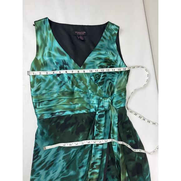 Gorgeous 100% Silk Teal Sleeveless Abstract Print Dress Faux-Wrap Knee Size 8 - Picture 4 of 10